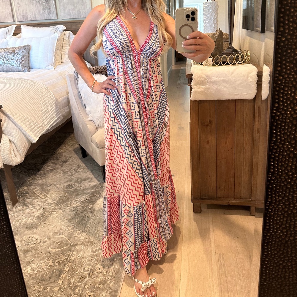 Bohemian Rhapsody Maxi Halter Dress - Pink, Blue, White